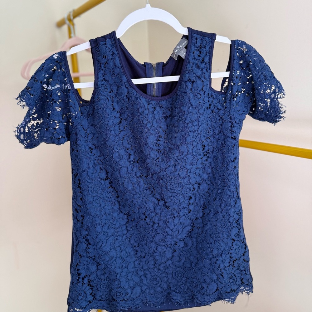 Navy Casual Cold Shoulder Blouse/Top with Lace Sleeves